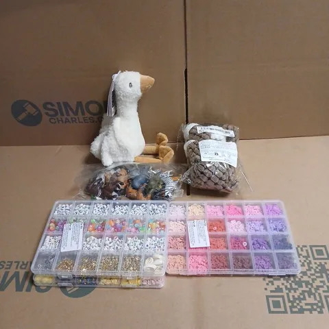 TOTE OF APPROXIMATELY 20 ASSORTED TOYS/CRAFT ITEMS TO INCLUDE VARIOUS ANIMAL FIGURES, LITTLE DUTCH CUDDLE TOY, CRAFT ACCESSORIES ETC