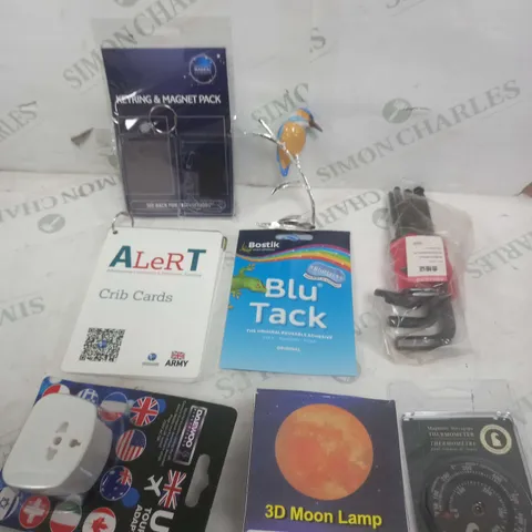 BOX OF APPROXIMATELY 15 ASSORTED COSMETIC ITEMS TO INCLUDE - ALERT CRIB CARDS, ALLEN KEY, TOURIST ADAPTOR ETC