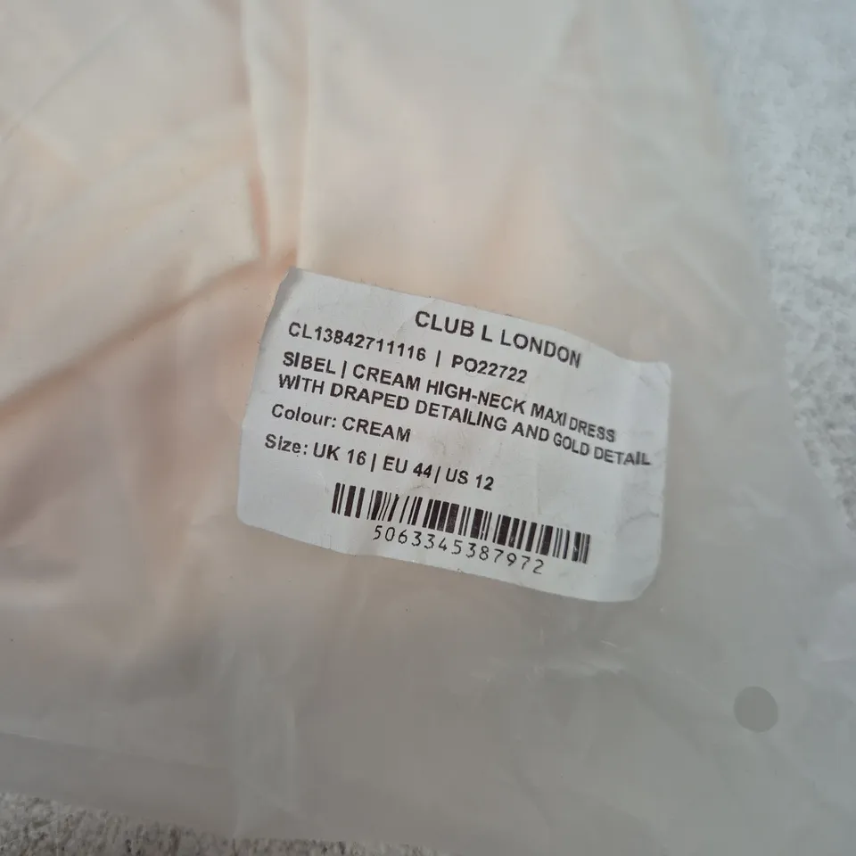 BAGGED CLUB L LONDON SIBEL HIGH-NECK MAXI DRESS, CREAM, UK 16
