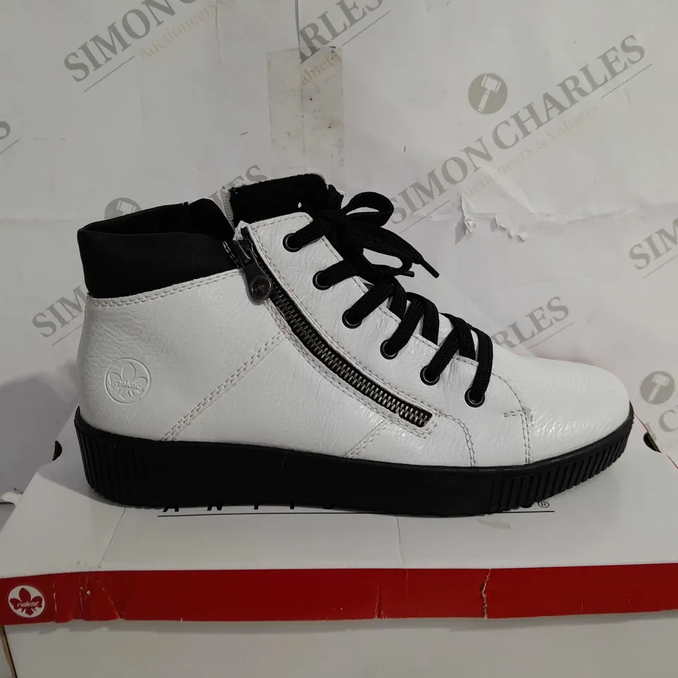 BOXED PAIR OF RIEKER HIGH TOP CUFFED TRAINERS WHITE SIZE 8