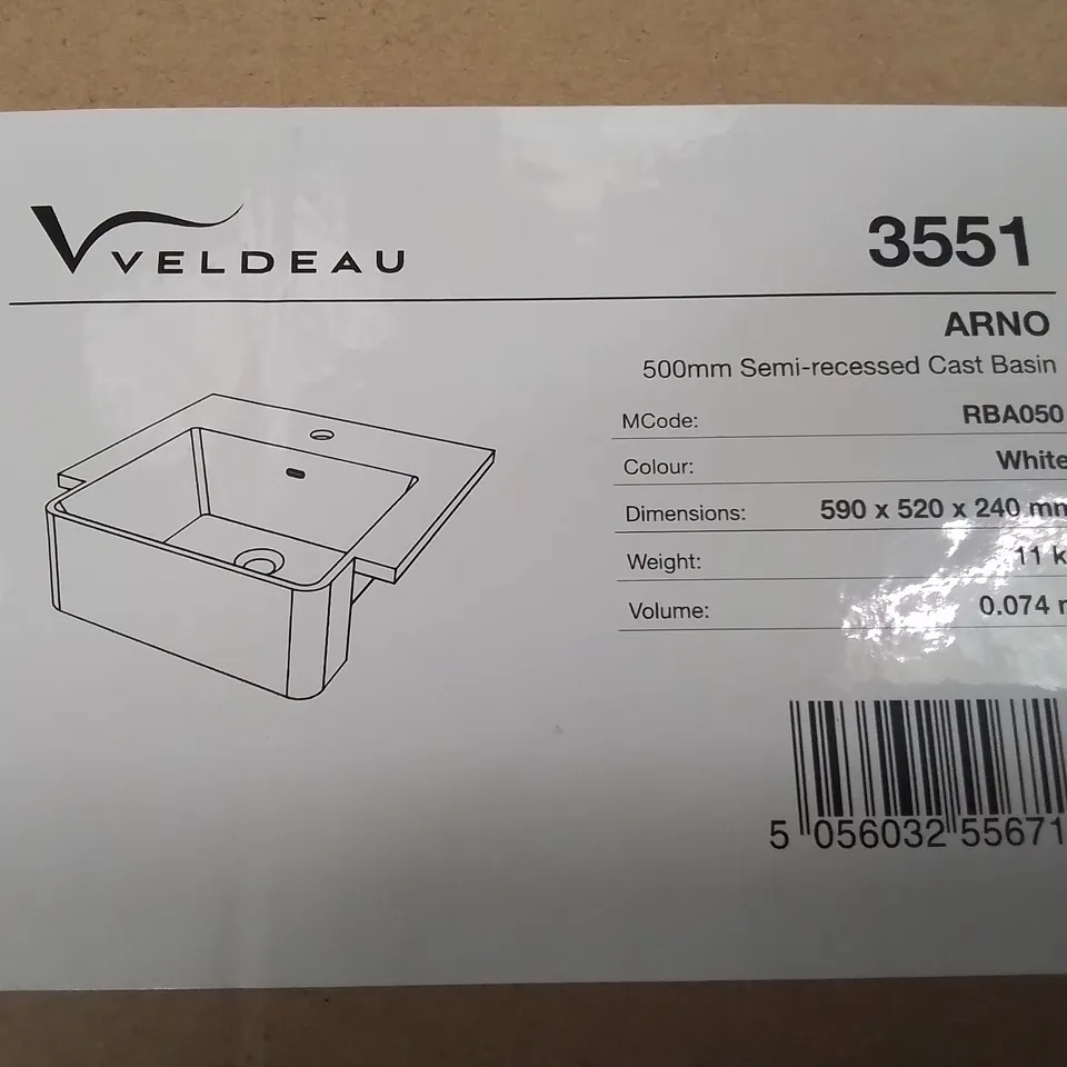 BOXED AS NEW VELDEAU ARNO 500MM SEMI RECESSED CAST BASIN IN WHITE - 590X520X240MM
