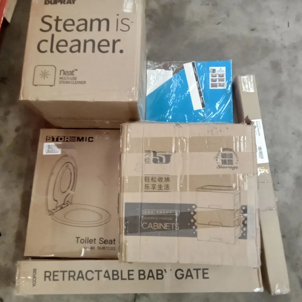 PALLET OF ASSORTED ITEMS INCLUDING DUPRAY STEAM CLEANER, STOREMIC TOILET SEAT, RETRACTABLE BABY GATE, CURTAIN ROD SET, KRAFT PAPER FILE ORGANISER, DIY PLASTIC CABINET