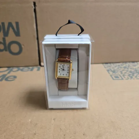 M&S LADIES' RECTANGULAR GOLD-TONE WRISTWATCH WITH BROWN LEATHER STRAP