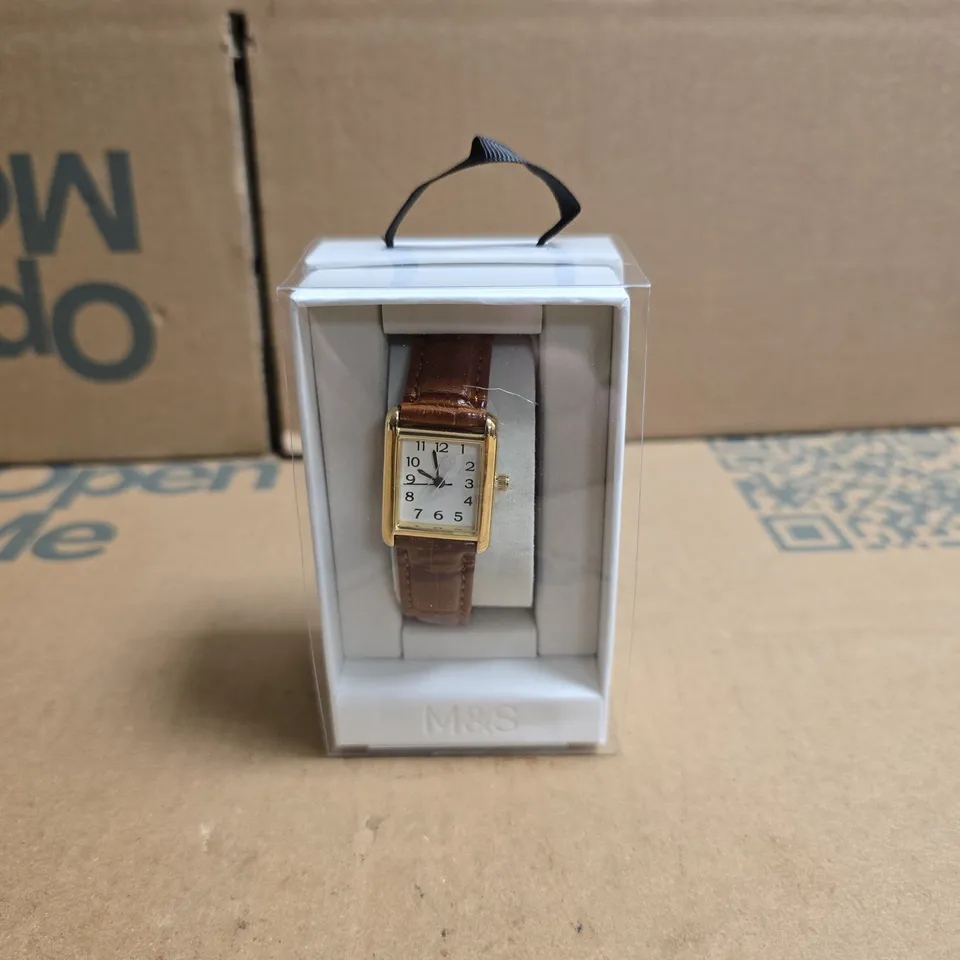 M&S LADIES' RECTANGULAR GOLD-TONE WRISTWATCH WITH BROWN LEATHER STRAP RRP £40