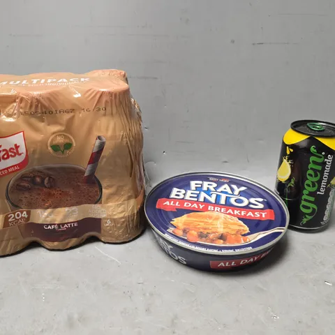 APPROXIMATELY 9 ASSORTED FOOD & DRINKS ITEMS TO INCLUDE - SLIMFAST CAFE LATTE , FRAY BENTOS ALL DAY BREAKFAST , GREENS LEMONADE ETC