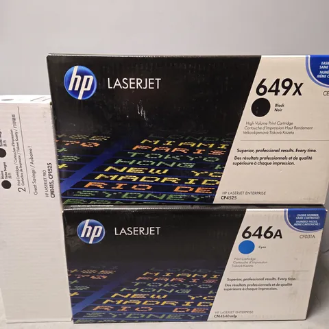 BOX OF APPROXIMATELY 6 ASSORTED PRINT CARTRIDGES TO INCLUDE - HP LASER JET 649X BLACK , HP LASERJET 646A , HP LASERJET CE320A ETC