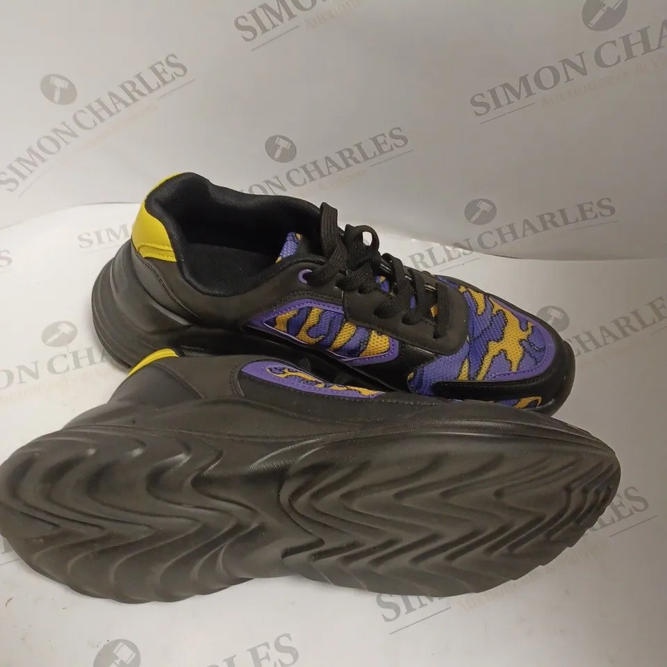 KOI FOOTWEAR BLACK PURPLE AND YELLOW LACE UP TRAINERS