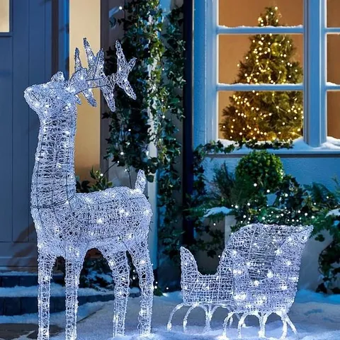 LARGE ACRYLIC REINDEER AND SLEIGH LIGHT UP OUTDOOR CHRISTMAS DECORATION - COLLECTION ONLY