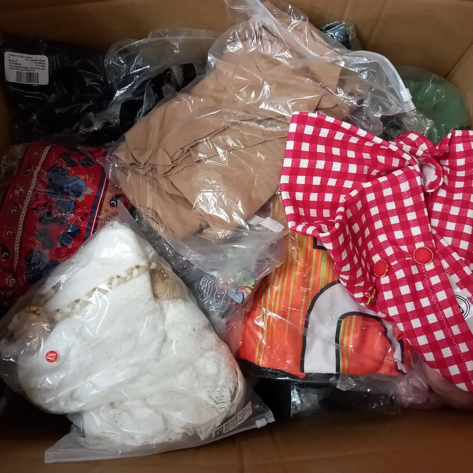  BOX OF ASSORTED CLOTHING ITEMS TOO INCLUDE DRESSES , SHIRTS AND TROUSERS IN VARIOUS SIZES AND COLOURS   