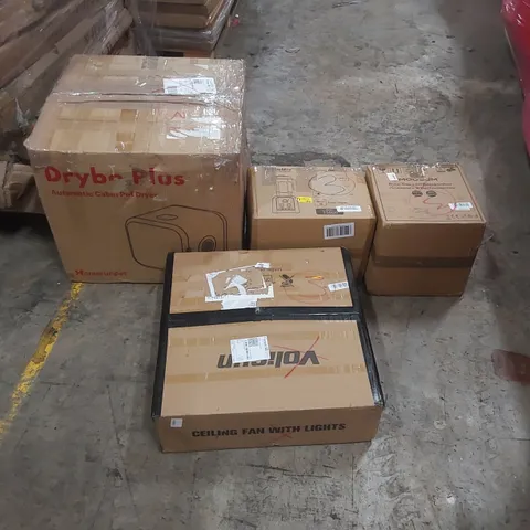 PALLET OF ASSORTED ITEMS INCLUDING: AUTOMATIC CABIN PET DRYER, CEILING FAN WITH LIGHTS, PROFESSIONAL BLENDER, RICE COOKER ECT