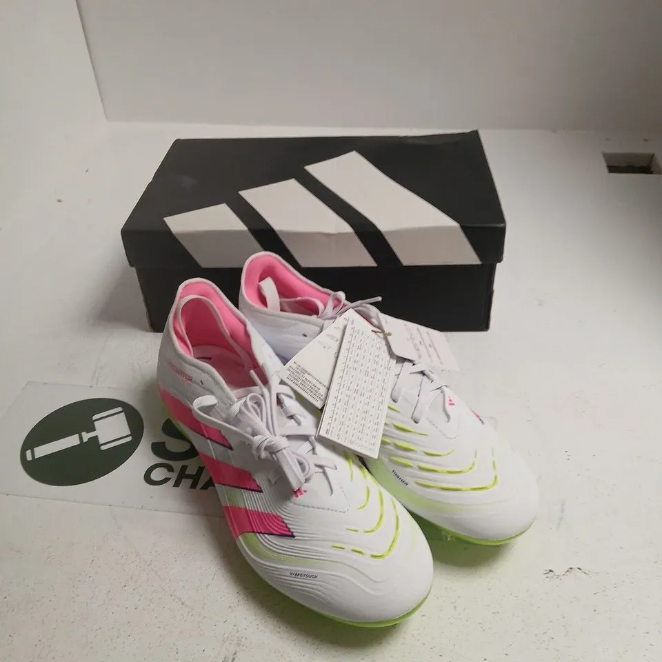 ADIDAS PREDATOR PRO FG FOOTBALL BOOTS – UK 10, WHITE WITH PINK & NEON ACCENTS