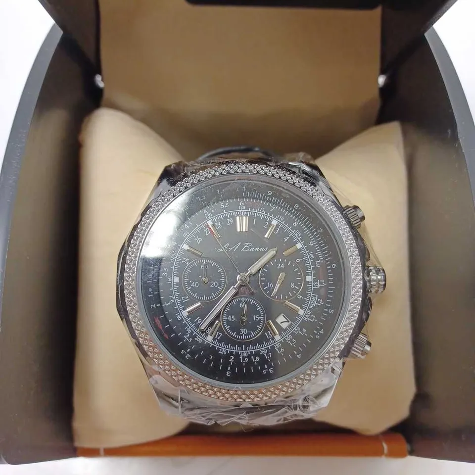LA BANUS TRIPLE DIAL BLACK LEATHER STRAP WRISTWATCH 