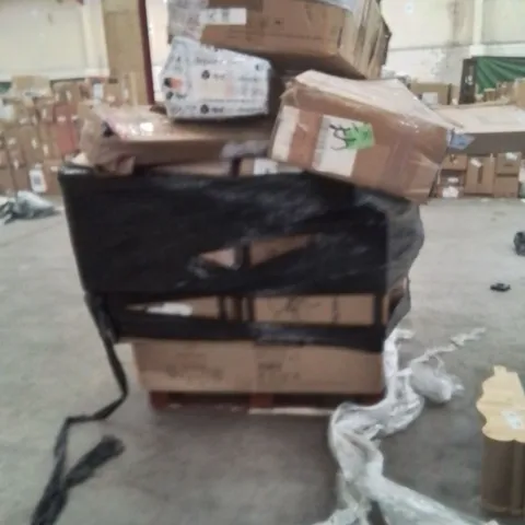 PALLET OF ASSORTED HOUSEHOLD GOODS AND PRODUCTS TO INCLUDE;LED PARASOL,RATTAN GARDEN FURNITURE SET,DEHUMIDIFIER,DINING CHAIRS,PARASOL BASES,ELECTRIC HEATED UNDERBLANKET 