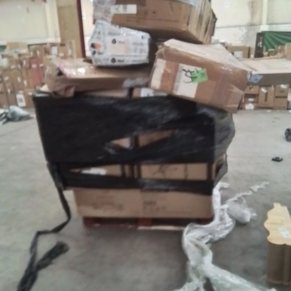 PALLET OF ASSORTED HOUSEHOLD GOODS AND PRODUCTS TO INCLUDE;LED PARASOL,RATTAN GARDEN FURNITURE SET,DEHUMIDIFIER,DINING CHAIRS,PARASOL BASES,ELECTRIC HEATED UNDERBLANKET