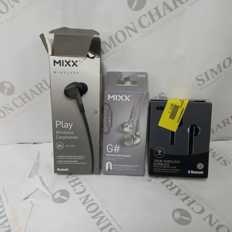 APPROXIMATELY 10 ASSORTED EARPHONES AND EARBUDS TO INCLUDE MIXX PLAY WIRELESS EARPHONES, MIXX G# IN EAR EARPHONES, ASDA TECH TRUE WIRELESS EARBUDS ETC.