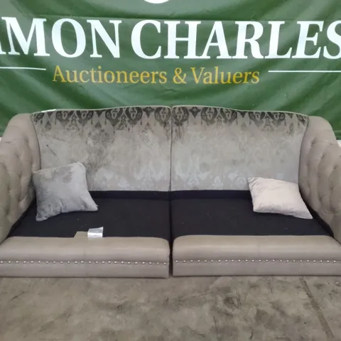 QUALITY DESIGNER 2PCS 3 SEATER SOFA - GREY LEATHER/ GREY PATTERN FABRIC