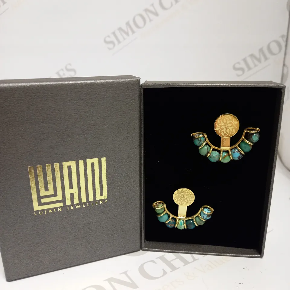 LUJAIN JEWELLERY GREEN/BLUE STONED GOLD EFFECT EARRINGS 