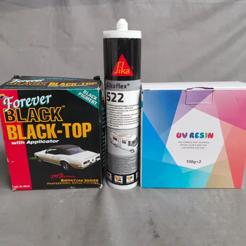 APPROX 10 ASSORTED ITEMS TO INCLUDE - FOREVER BLACK BLACK-TOP WITH APPLICATOR; SIKAFLEX 522 SEALANT; RESIN KIT 