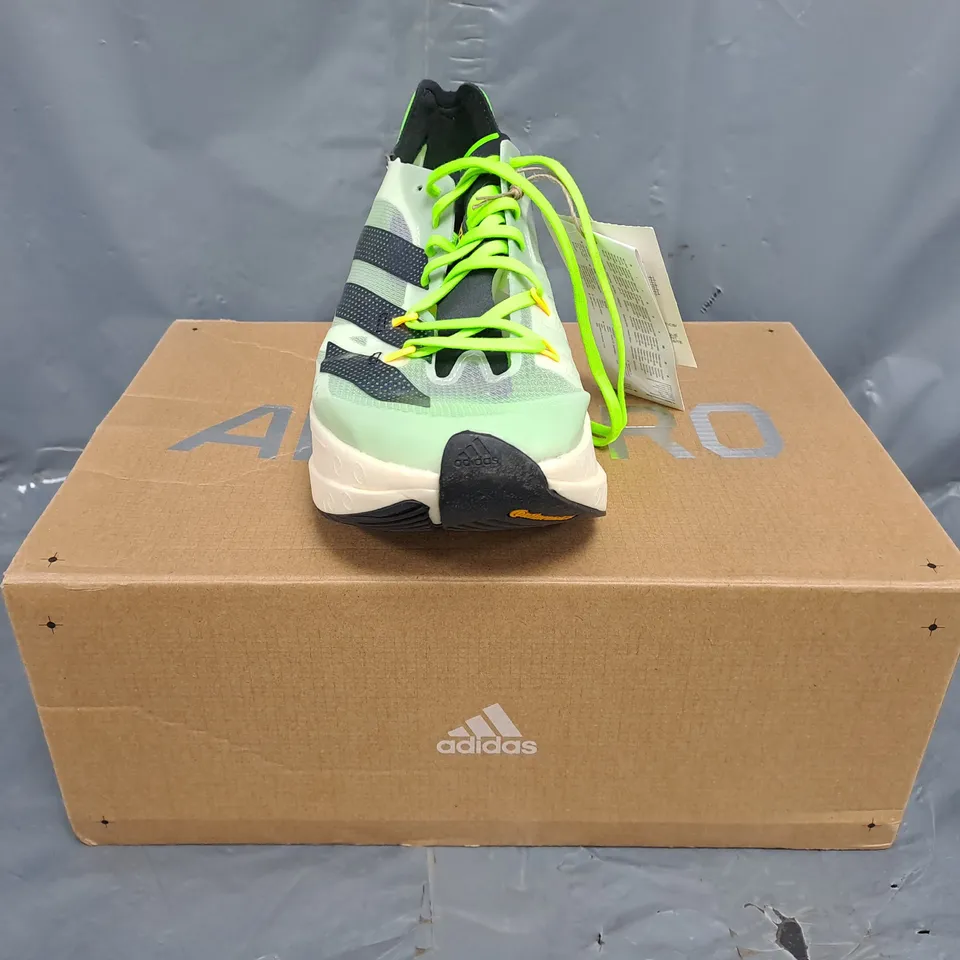 BOXED PAIR OF ADIDAS ADIZERO PRIME X SHOES IN GREEN/BLACK SIZE UK 5