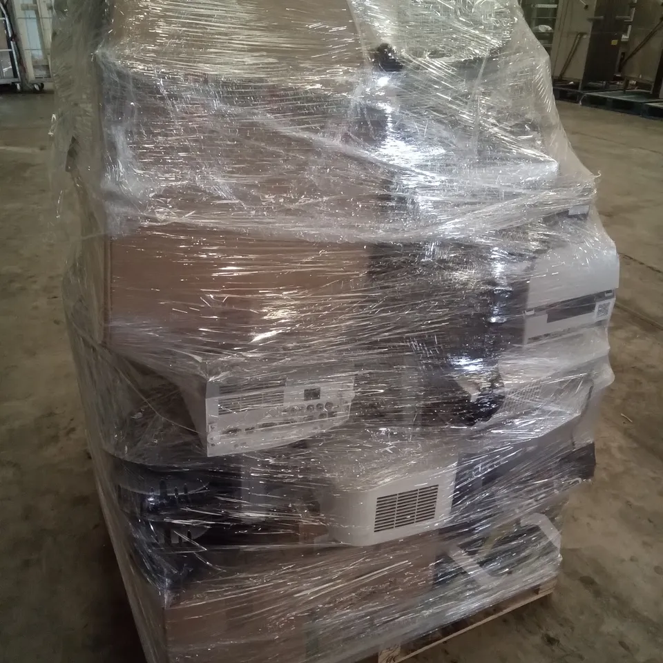 PALLET OF ASSORTED TECH INCLUDING PROJECTORS, COMPUTER MONITORS, CONFERENCE PHONES, AMPLIFIER 