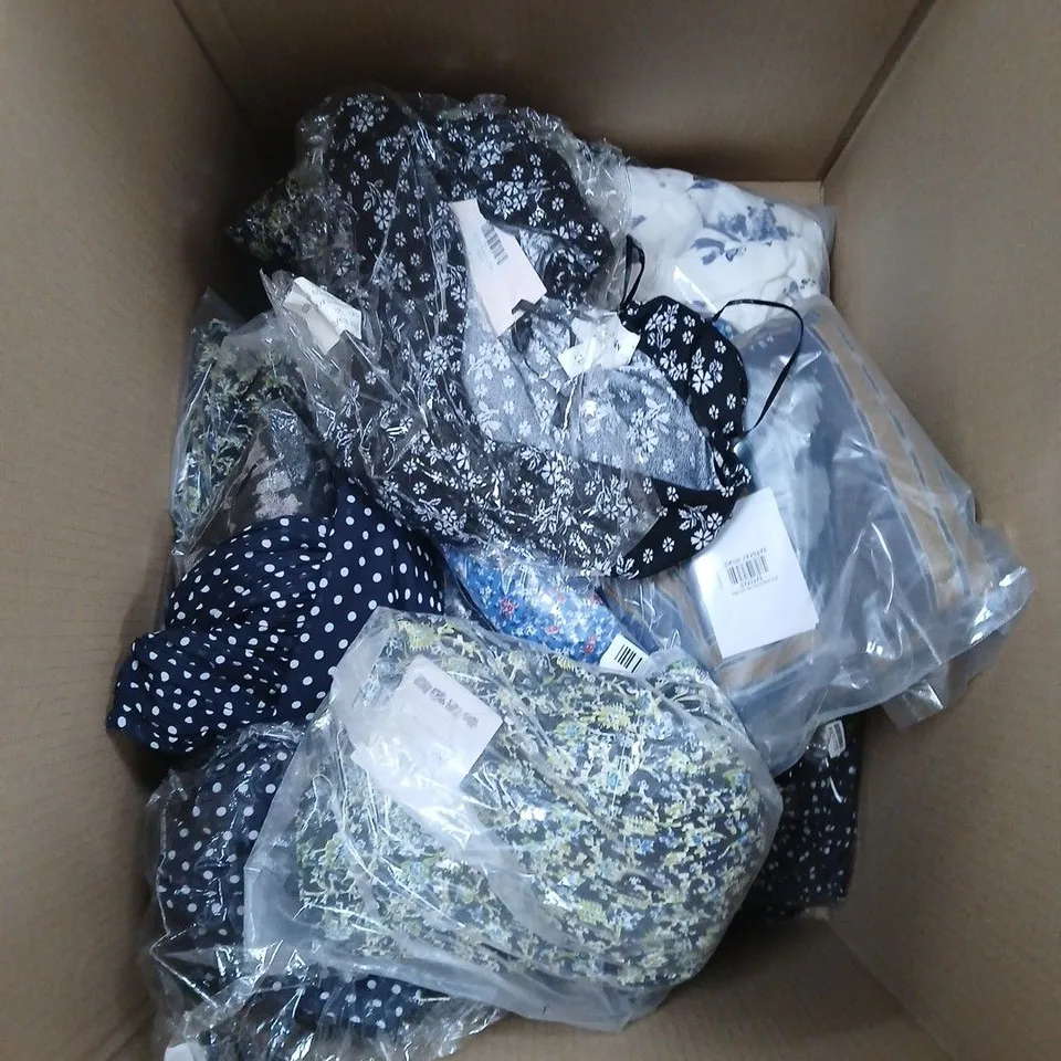 LARGE BOX OF ASSORTED CLOTHING ITEMS IN VARIOUS COLOURS , SIZES AND STYLES