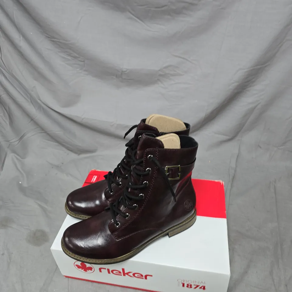 RIEKER BURGUNDY LEATHER BOOTS, LACE-UP – UK 8 (EU 42)