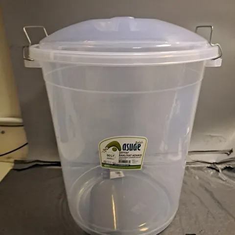 CLEAR PLASTIC 50L STORAGE TUB WITH CLIP LID