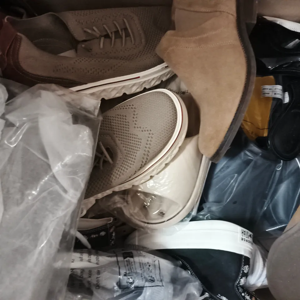BOX OF APPROXIMATELY 15 ASSORTED PAIRS OF SHOES AND FOOTWEAR ITEMS IN VARIOUS COLOURS, STYLES, AND SIZES - COLLECTION ONLY