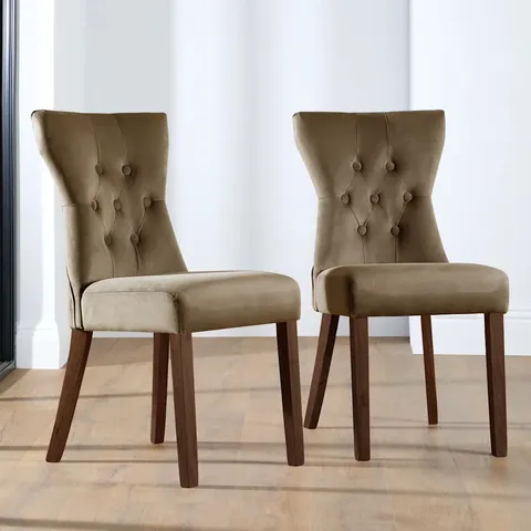 BOXED BEWLEY DINING CHAIR, BEIGE CLASSIC VELVET & DARK SOLID HARDWOOD (1 BOX)