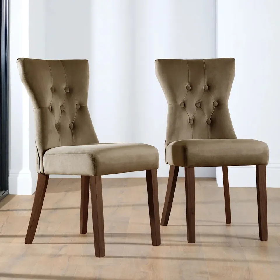 BOXED BEWLEY DINING CHAIR, BEIGE CLASSIC VELVET & DARK SOLID HARDWOOD (1 BOX)