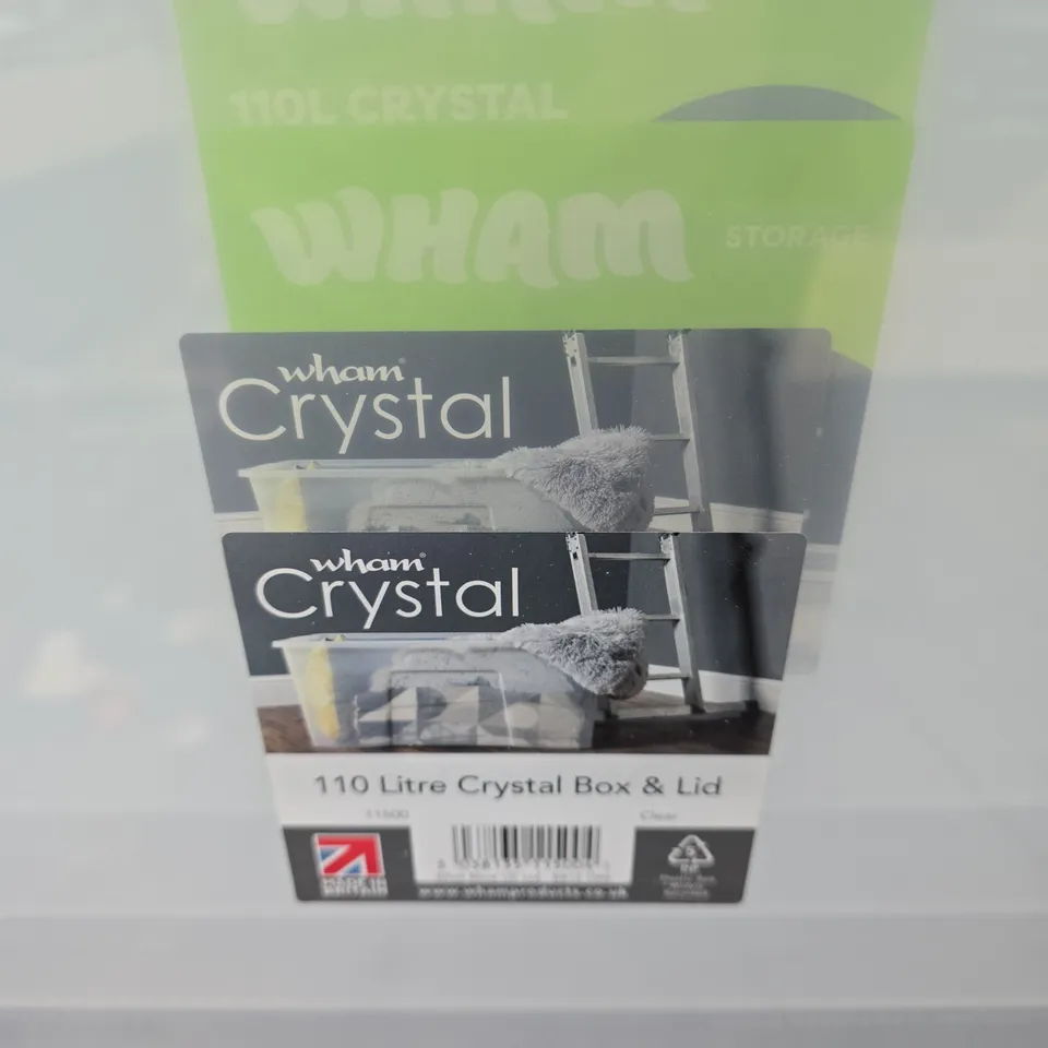 WHAM CRYSTAL 110 LITRE STORAGE BOX & LID – CLEAR, STACKABLE (SET OF 4 BOXES)