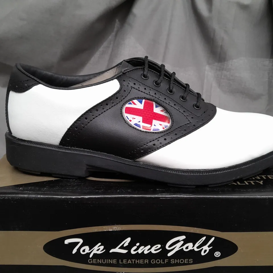 BOX OF APPROX 12 TOP LINE GOLF SHOES IN WHITE & BLACK IN VARIOUS SIZES 