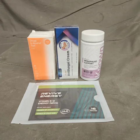 TOTE OF APPROXIMATELY 20 ASSORTED HEALTHCARE PRODUCTS TO INCLUDE ANTIFUNGAL CREAM - REVIVE ENERGY PATCHES AND MENOPAUSE SUPPORT SUPPLEMENTS