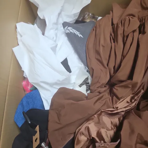 LARGE BOX OF APPROXIMATELY 25 ASSORTED CLOTHING ITEMS IN VARIOUS COLOURS, STYLES AND SIZES - COLLECTION ONLY