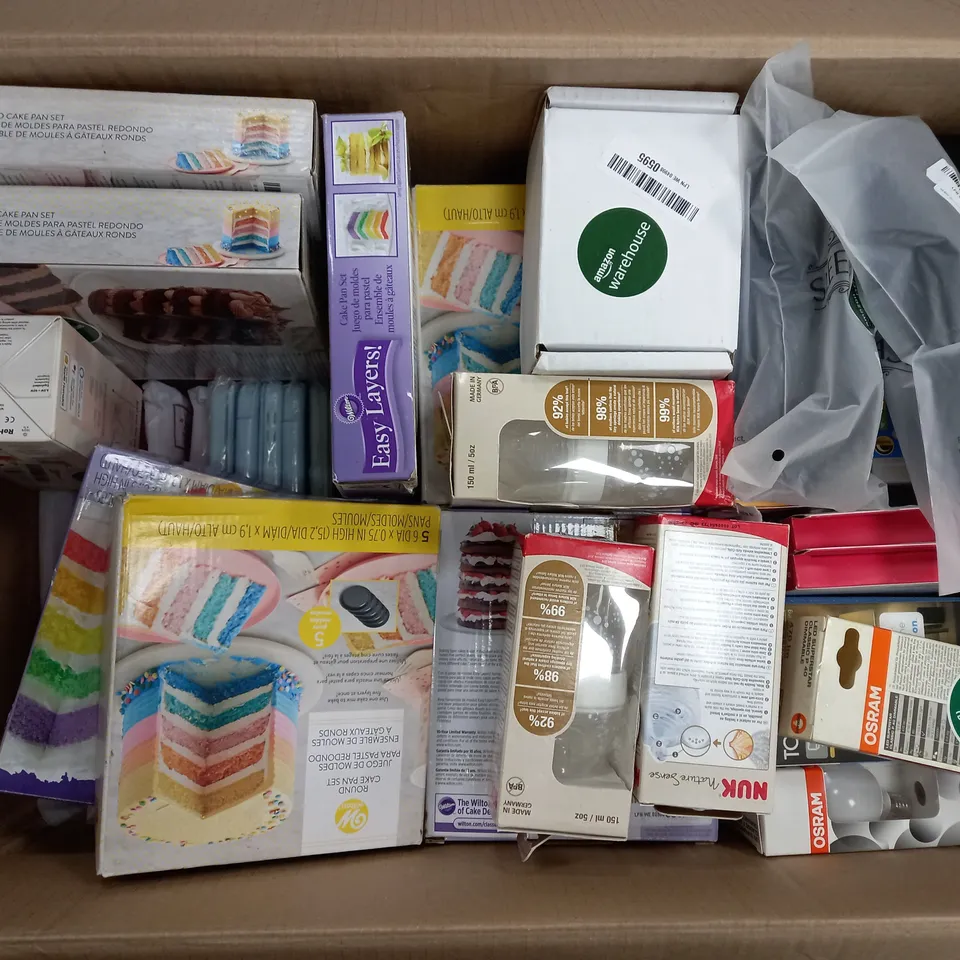LARGE BOX OF 50 ASSORTED ITEMS TOO INCLUDE CAKE KITS , BABY BOTTLES AND I PAD CASES , ETC 