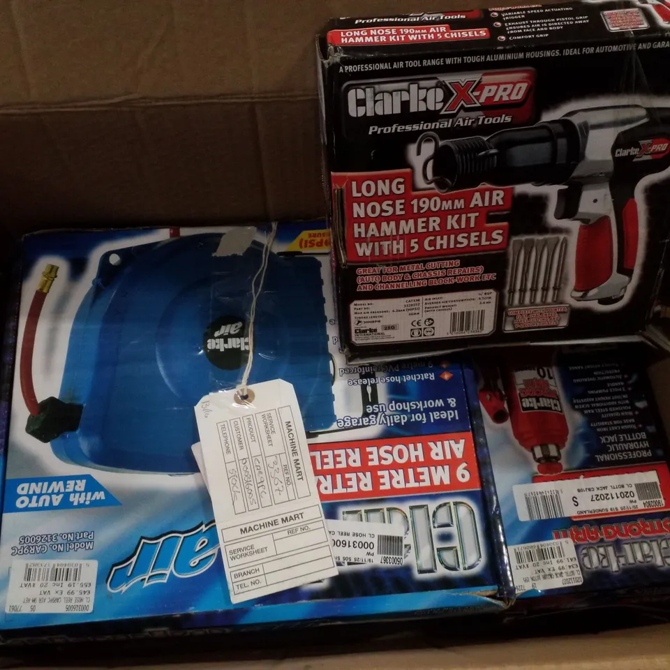 BOX CONTAINING ASSORTED PRODUCTS INCLUDING LONG NOSE 190MM AIR HAMMER KIT, 9 METRE RETRACTABLE AIR HOSE REEL & 10 TONNE BOTTLE JACK 