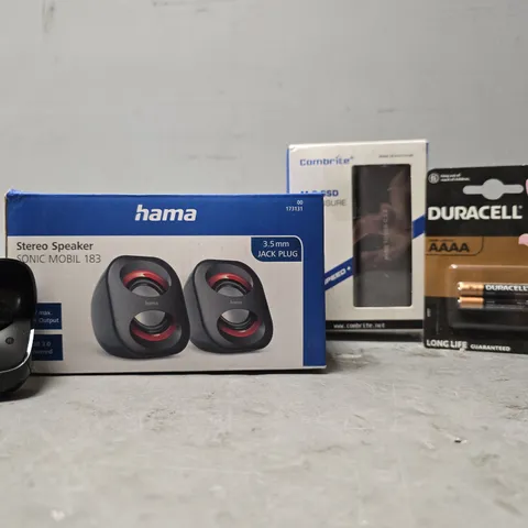 BOX OF APPROXIMATELY 20 ASSORTED BROKEN ITEMS TO INCLUDE - HAMA STEREO SPEAKERS , DURACELL AAAA , SOUNDCORE EARBUDS ETC