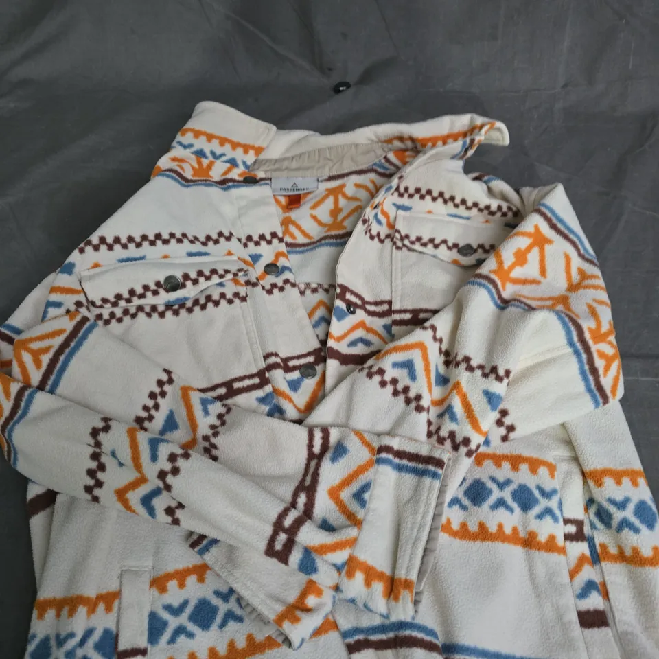 PASSENGER FLEECE JACKET – WHITE WITH ORANGE/BLUE GEOMETRIC PRINT, SIZE S 