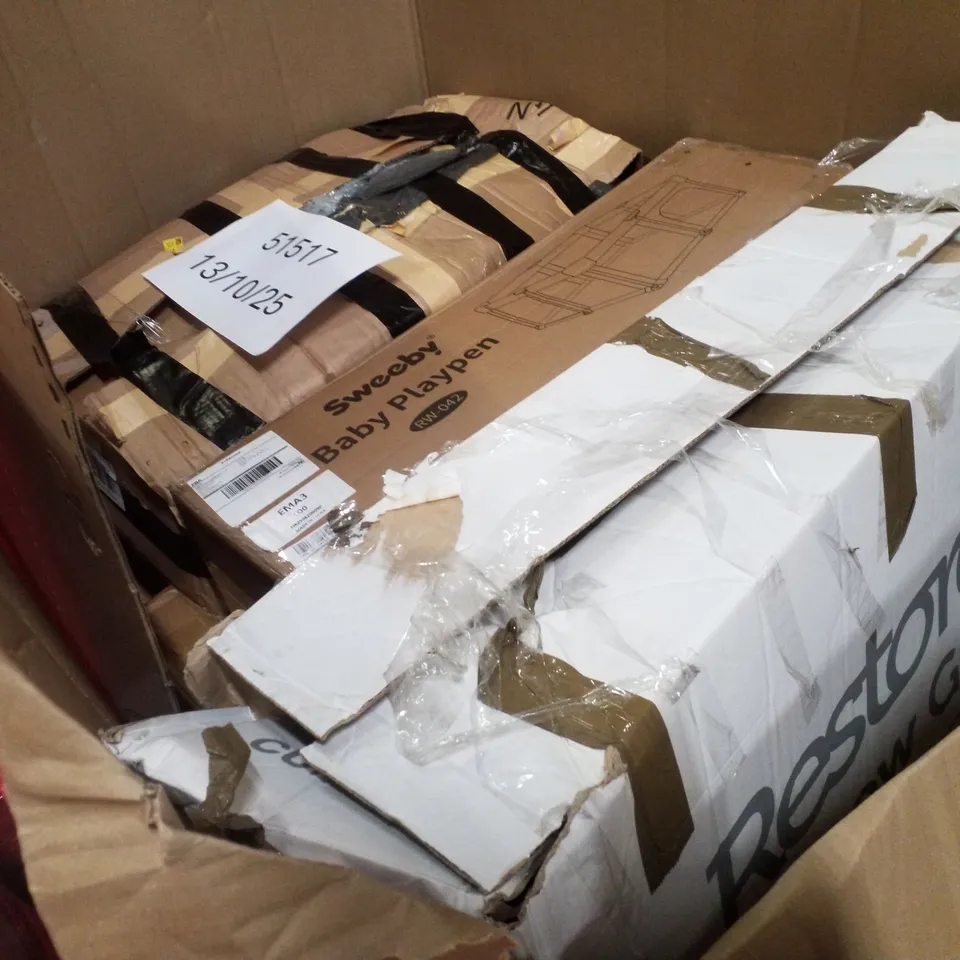 PALLET CONTAINING ASSORTED PRODUCTS INCLUDING OFFICE CHAIR, STROLLER, ROLLER BLIND, 24" MONITOR & STEAM STERILIZER AND DRYER