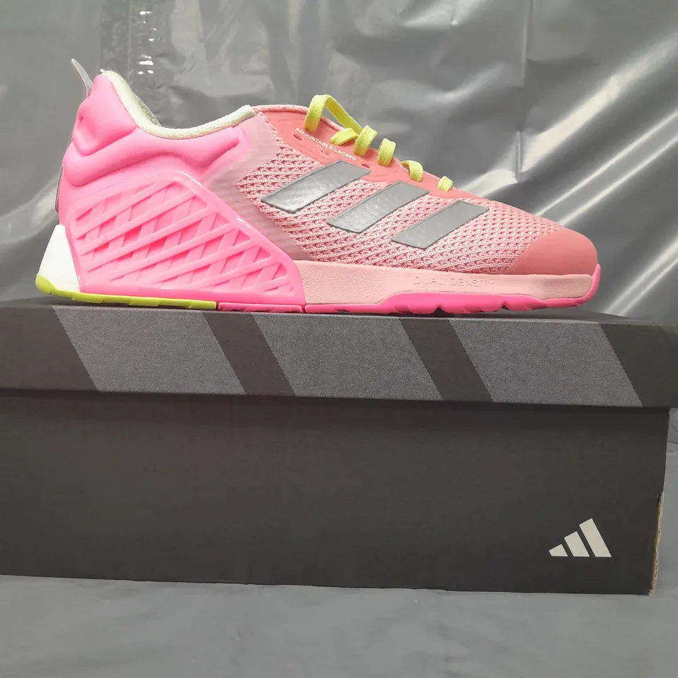 BOXED PAIR OF ADIDAS DROPSET 3 TRAINERS IN PINK MULTI UK SIZE 7
