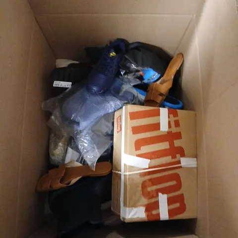 LARGE BOX OF APPROX 10 ASSORTED SHOES IN VARIOUS COLOURS, STYLE AND SIZES