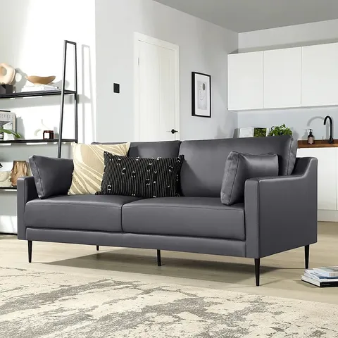 BOXED DESIGNER HEPBURN THREE SEATER SOFA GREY LEATHER (1 BOX)