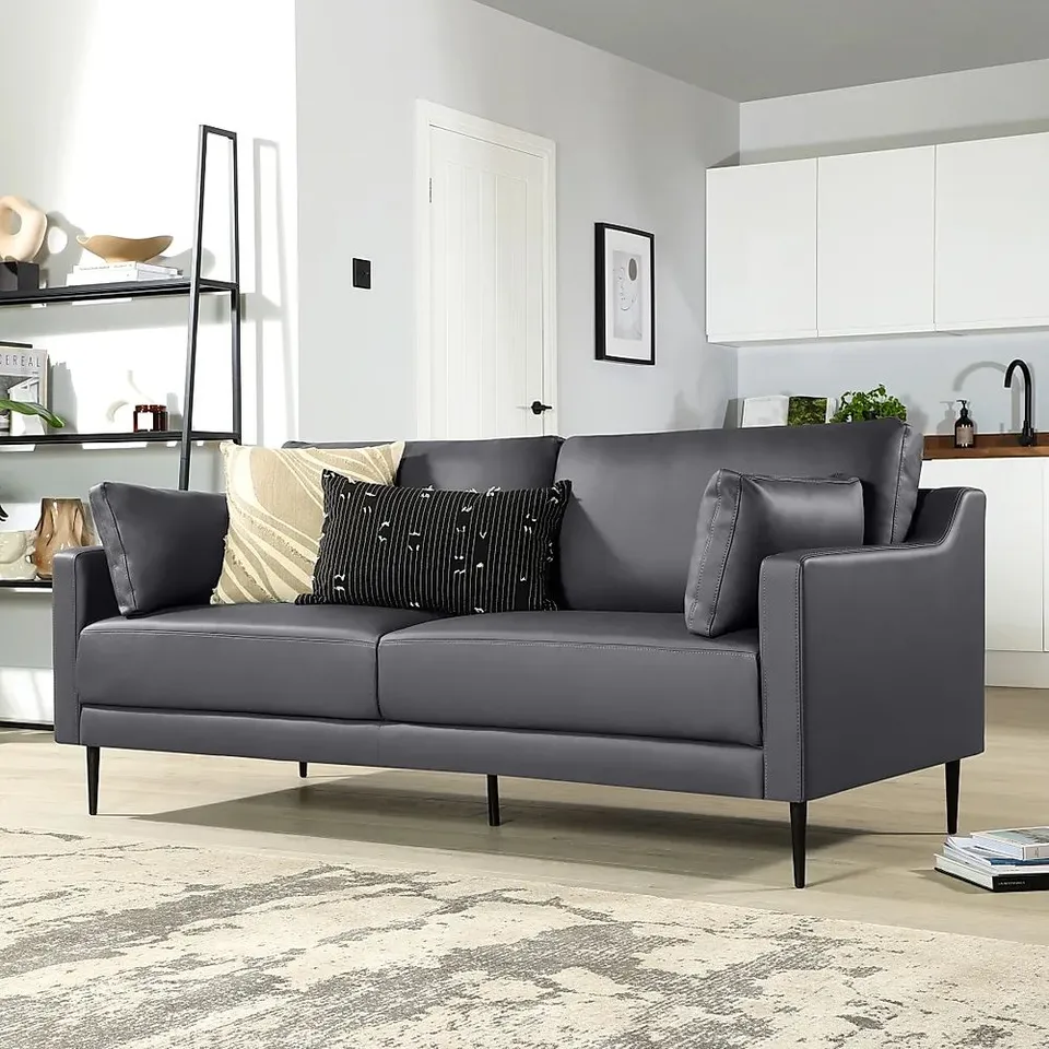 BOXED DESIGNER HEPBURN THREE SEATER SOFA GREY LEATHER (1 BOX)