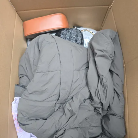 LARGE BOX OF APPROXIMATELY 25 ASSORTED CLOTHING ITEMS IN VARIOUS COLOURS, STYLES AND SIZES - COLLECTION ONLY