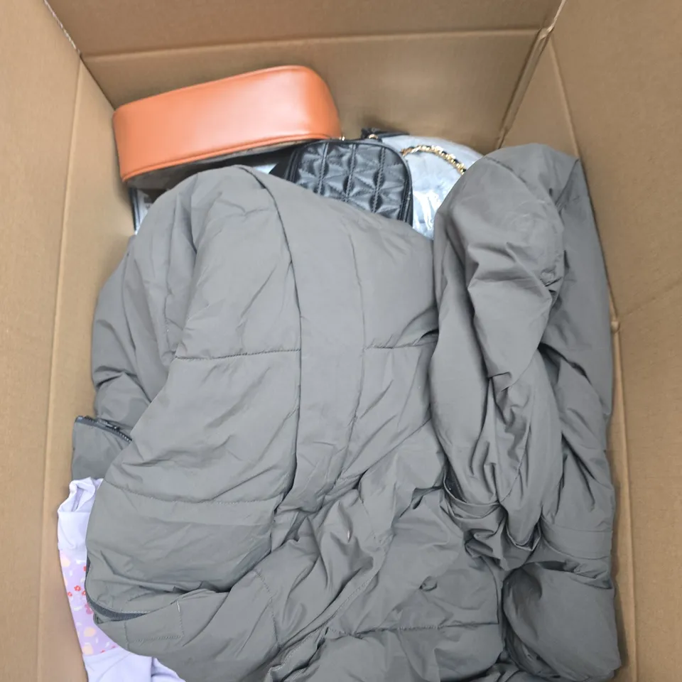 LARGE BOX OF APPROXIMATELY 25 ASSORTED CLOTHING ITEMS IN VARIOUS COLOURS, STYLES AND SIZES - COLLECTION ONLY