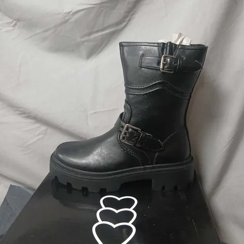 KOI BLACK LEATHER MID-CALF COMBAT BOOTS, UK SIZE 6
