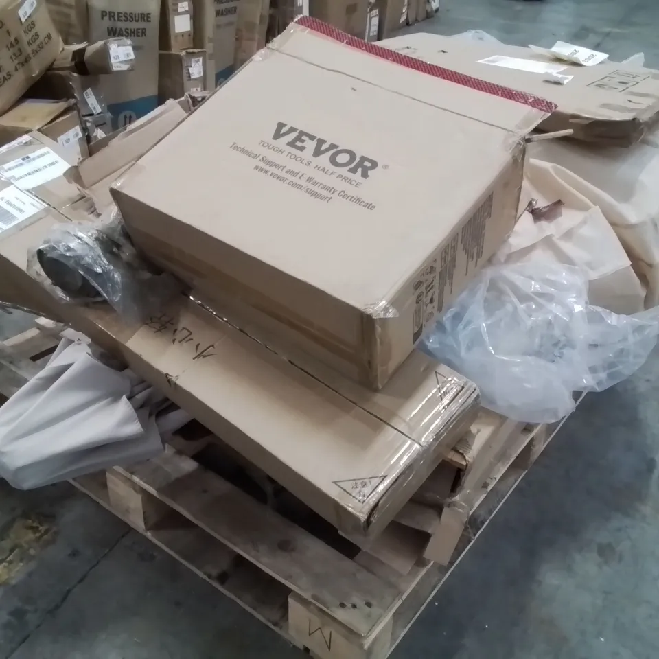 PALLET CONTAINING VARIOUS ASSORTED CUSTOMER RETURNS TO INCLUDE: GARDEN PARASOL AND LOTS MORE UNMARKED BOXED ITEMS 