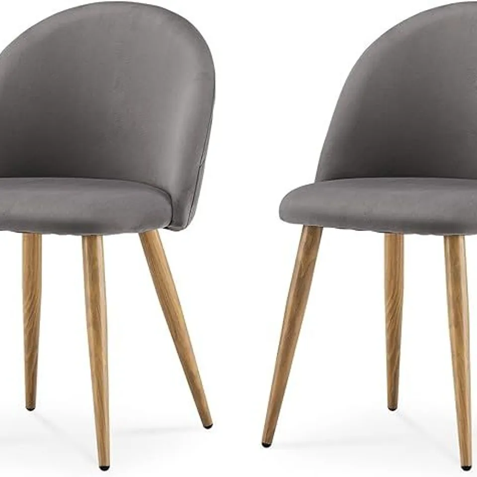 BOXED SET OF 2 DESIGNER GREY VELVET CHAIRS, WOOD COLOURED LEGS (1 BOX)