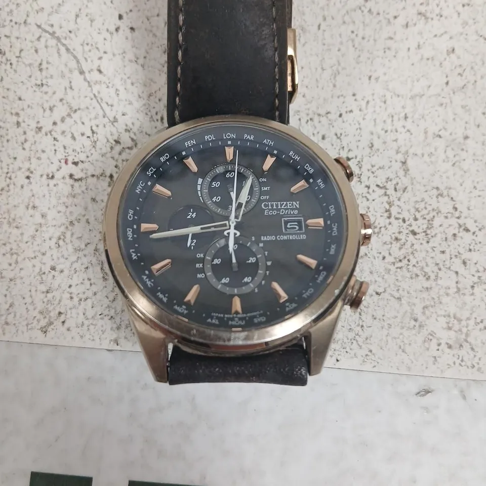 CITIZEN ECO-DRIVE CHRONOGRAPH WATCH – ROSE GOLD TONE CASE, BLACK LEATHER STRAP