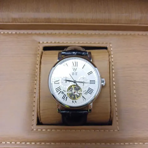 WILLIAM JOURDAIN PART SKELETON WAVE DIAL BLACK LEATHER STRAP WATCH